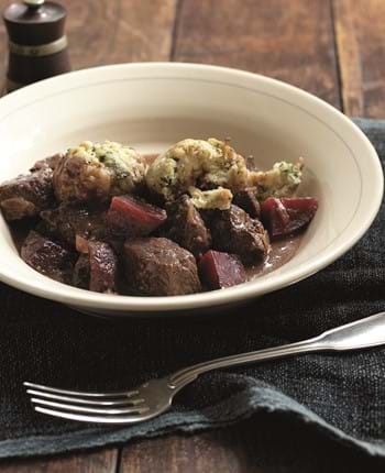 Beef and Beetroot Casserole with Watercress Dumplings