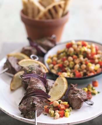 Coriander and Lemon Infused Lamb Kebabs with ChickPea and Sweet Corn Salsa