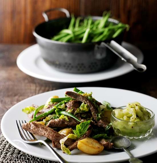 Flash-Fried Lamb Strips with Seasonal Vegetables and Cucumber Relish