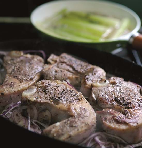 Pan-Fried Lamb Chops with Red Onion and Braised Celery