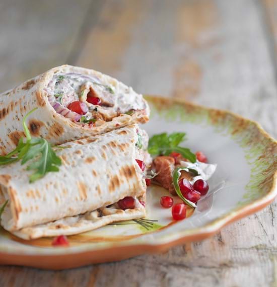 Persian Spiced Lamb Neck Fillets with Pomegranate, Spiced Yogurt and Tortilla Wraps -Recipe courtesy of Sabrina Ghayour