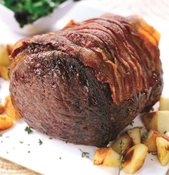 Roast Beef with Crispy Bacon, Mustard and Herbs