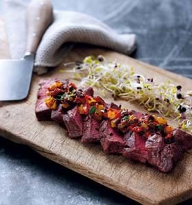 BBQ Flat Iron Steaks with Chargrilled Sweet Pepper Relish