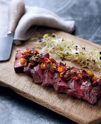 BBQ Flat Iron Steaks with Chargrilled Sweet Pepper Relish