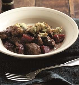 Beef and Beetroot Casserole with Watercress Dumplings