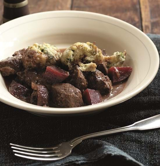 Beef and Beetroot Casserole with Watercress Dumplings