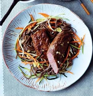 Cannon of Lamb with Vegetables, Soba Noodles and Kimchi