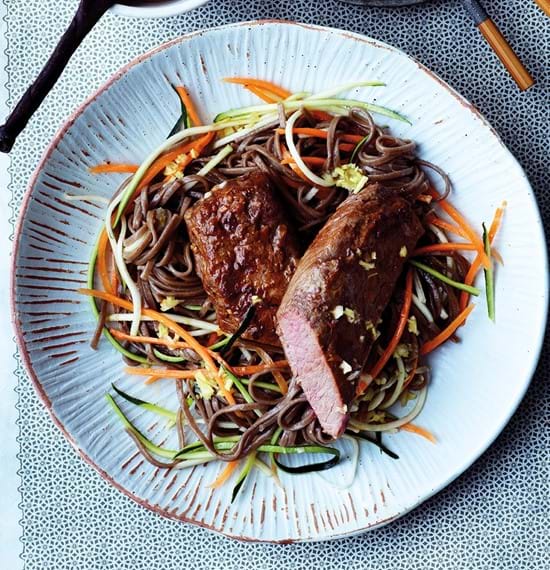 Cannon of Lamb with Vegetables, Soba Noodles and Kimchi