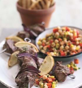 Coriander and Lemon Infused Lamb Kebabs with ChickPea and Sweet Corn Salsa