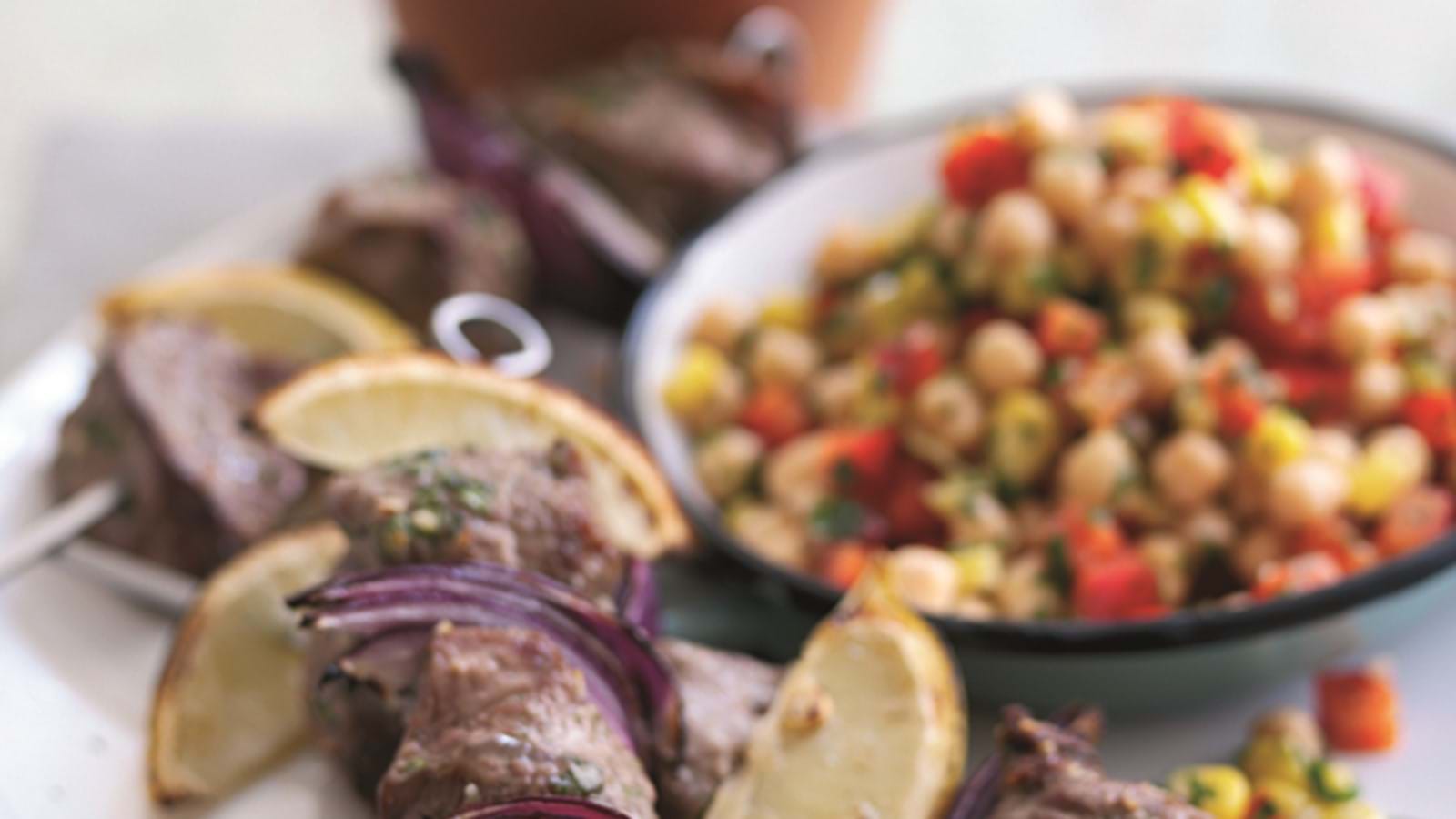 Coriander and Lemon Infused Lamb Kebabs with ChickPea and Sweet Corn Salsa | Recipe | Simply Beef &