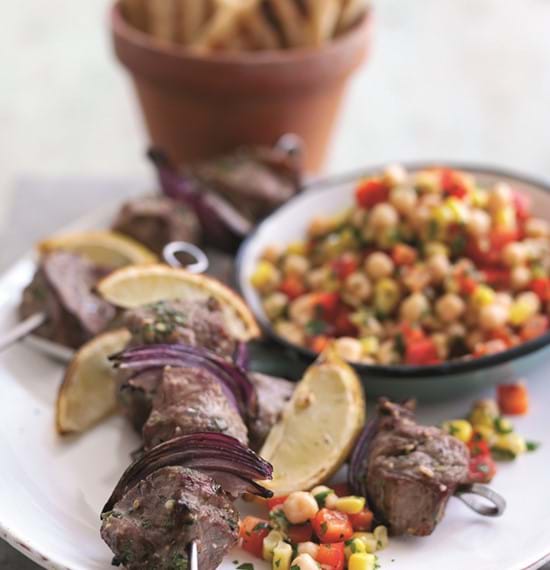 Coriander and Lemon Infused Lamb Kebabs with ChickPea and Sweet Corn Salsa