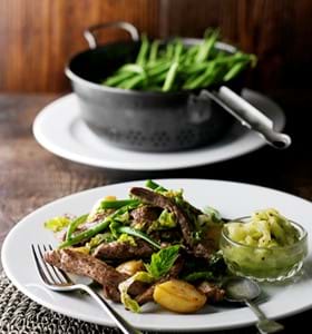 Flash-Fried Lamb Strips with Seasonal Vegetables and Cucumber Relish