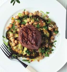 Griddled Beef with Crispy Broccoli and Chick Peas