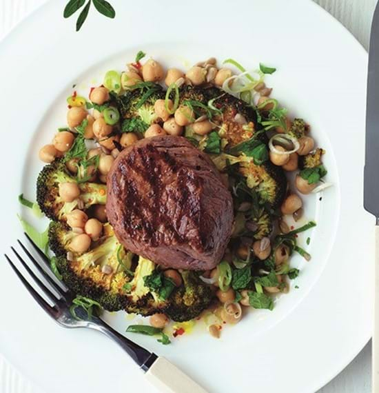 Griddled Beef with Crispy Broccoli and Chick Peas