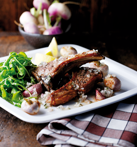 Grilled Autumn Lamb Chops with Roasted Baby Turnips and Garlic with Shallot, Marjoram and Honey Vinaigrette