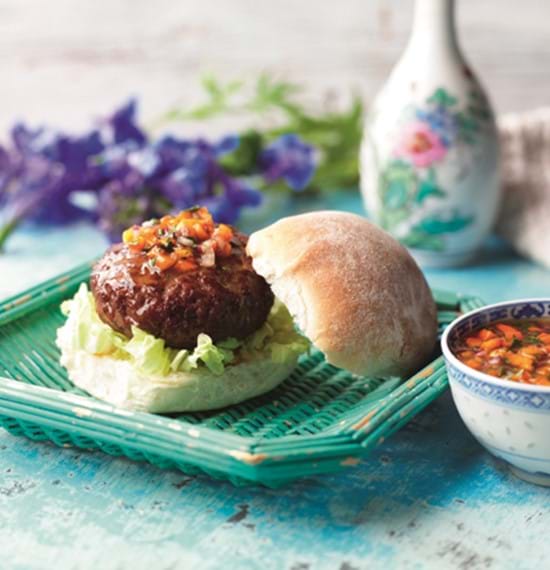 Hoisin BBQ Burgers with Sweet Pepper Relish