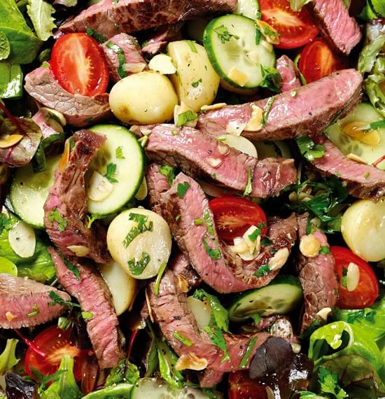 Hot Seared Beef Salad with New Potatoes and Honey Dressing