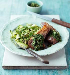Lamb Chops with Nettle Pesto, Quinoa, Spring Herb and Lemon Salad