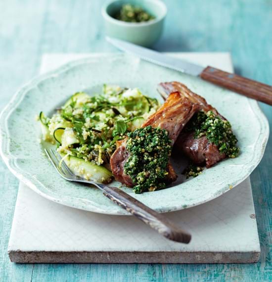 Lamb Chops with Nettle Pesto, Quinoa, Spring Herb and Lemon Salad