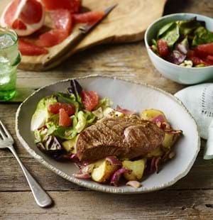 Lamb Leg Steak with Garlic Potatoes and Grapefruit Salad