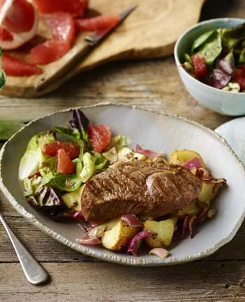 Lamb Leg Steak with Garlic Potatoes and Grapefruit Salad
