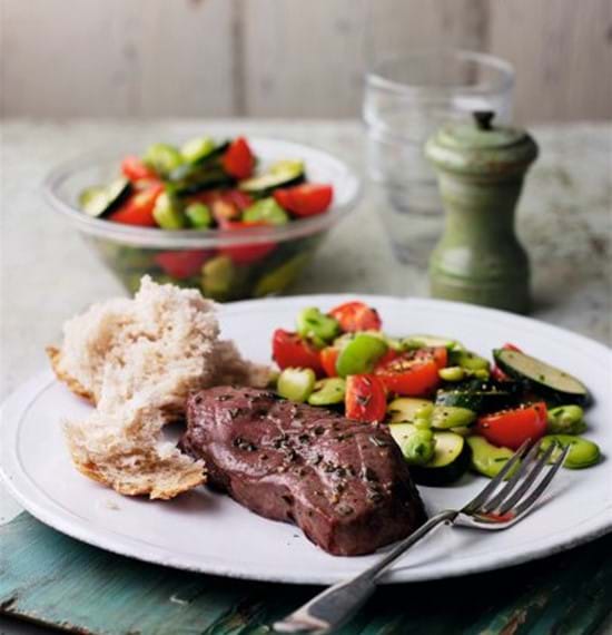 Lamb Steaks with Broad Bean, Courgette and Chive Salad
