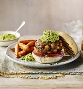 Lebanese Lamb and Chickpea Burgers with Pea Houmous