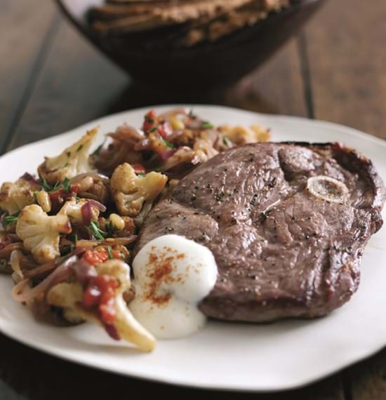 Leg Steaks with Warm Cauliflower,Tomato and Toasted Pine Nut Salad