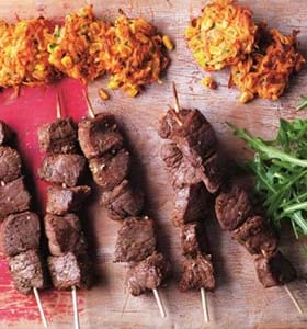 Mini Anticuchos Beef Skewers with Sweetcorn Fritters
