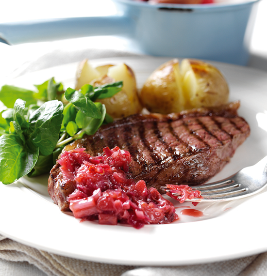 Pan-Fried Beef with Rhubarb and Chilli Compote