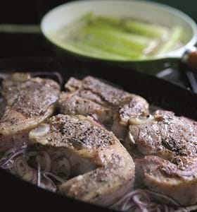 Pan-Fried Lamb Chops with Red Onion and Braised Celery