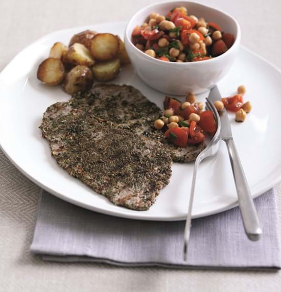 Peppered Veal with Tomato and Chickpea Salad