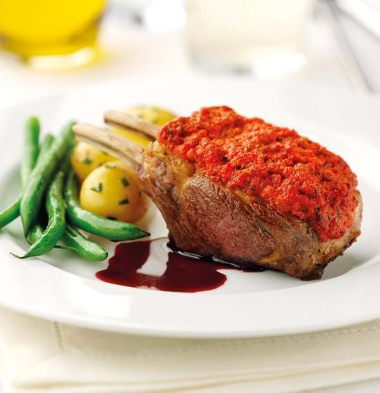 Red Pepper and Rosemary Crusted 2-bone Mini Racks of Lamb with Redcurrant Jus