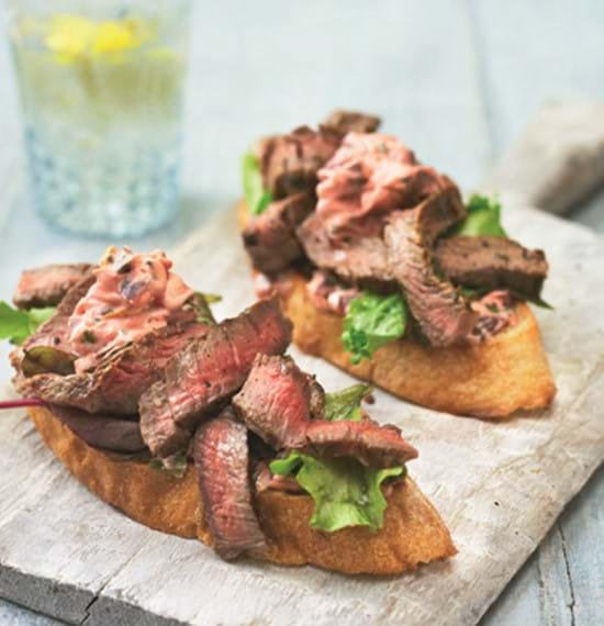 Rib-Eye Bruschetta with Beetroot and Lemon Mayonnaise