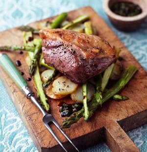 Roasted Lamb Rump with Potatoes, Asparagus and Mint Dressing
