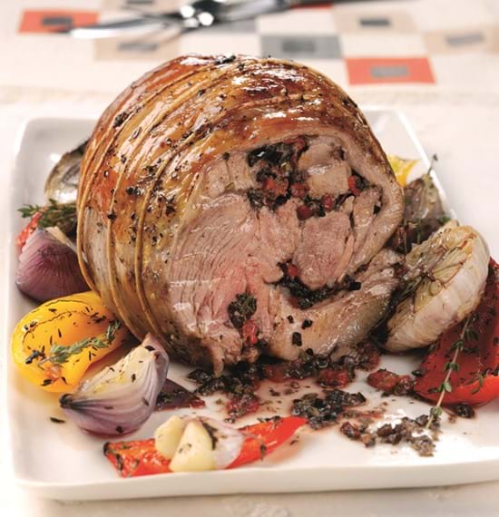 Rolled Shoulder of Lamb with Roasted Red Pepper and Black Olive Butter