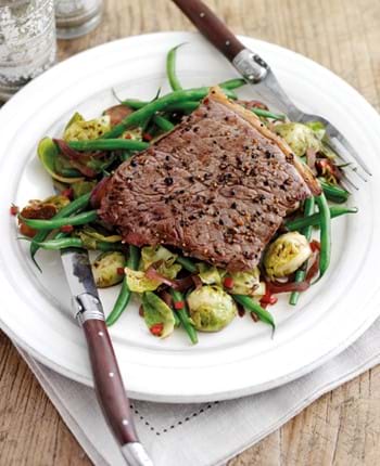 Steak with Warm Brussels Sprouts Salad