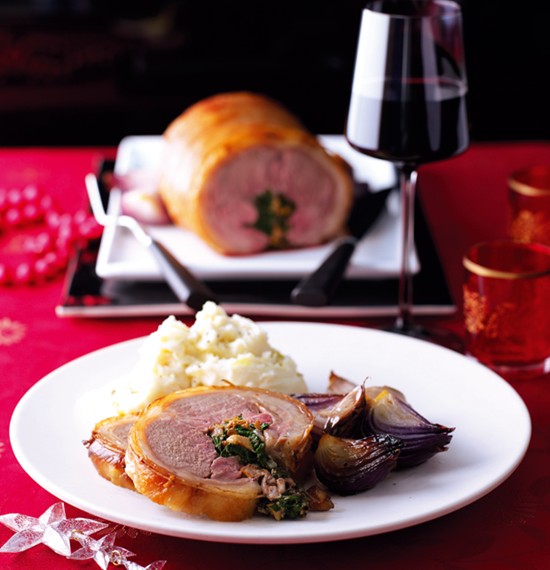 Stuffed Saddle of Lamb with Spinach and Mushrooms