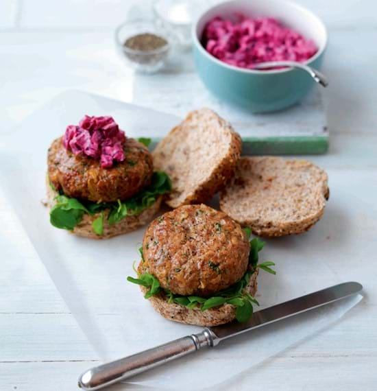 Sweet Chilli and Herb Burgers with Beetroot and Mint Relish