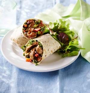 Smoky Beef Wraps with Kale, Onion and Red Pepper