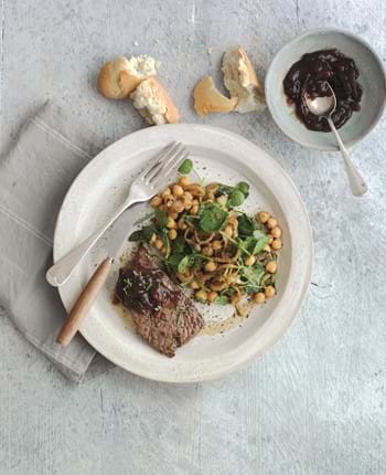 Caramelised Onion Steaks with Warm Chickpea and Watercress Salad