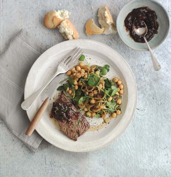 Caramelised Onion Steaks with Warm Chickpea and Watercress Salad