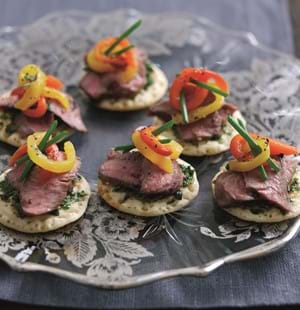 Lamb Blinis with Marinated Peppers and Herb Relish