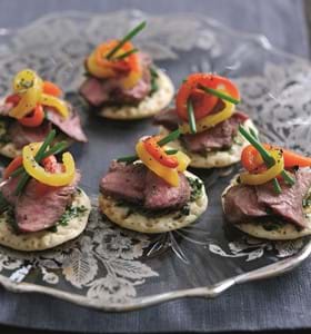 Lamb Blinis with Marinated Peppers and Herb Relish