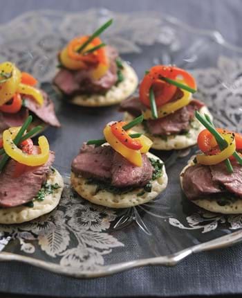 Lamb Blinis with Marinated Peppers and Herb Relish
