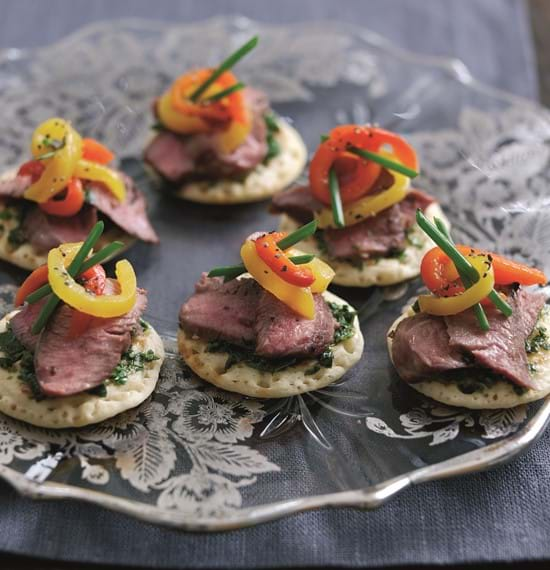 Lamb Blinis with Marinated Peppers and Herb Relish