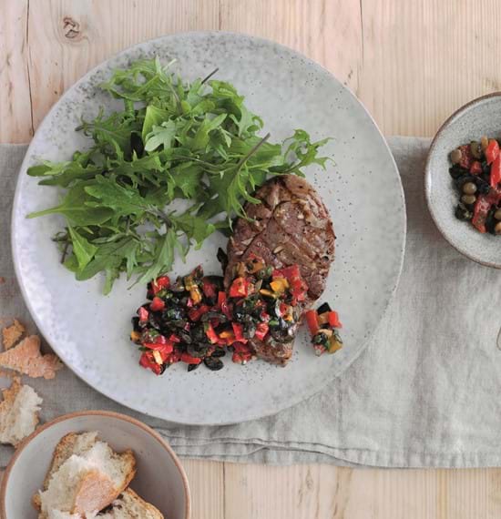 Lamb Leg Steaks with Olive and Red Pepper Tapenade