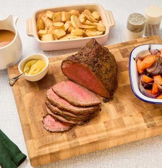 Roast Top Rump of Beef with Crispy Lemon Potatoes and Roast Vegetables